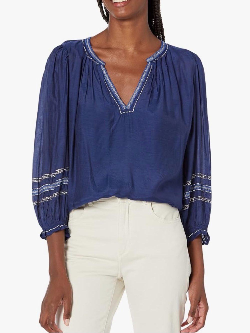 Velvet by Graham & Spencer Sandra embroidered novelty V neck top blue small